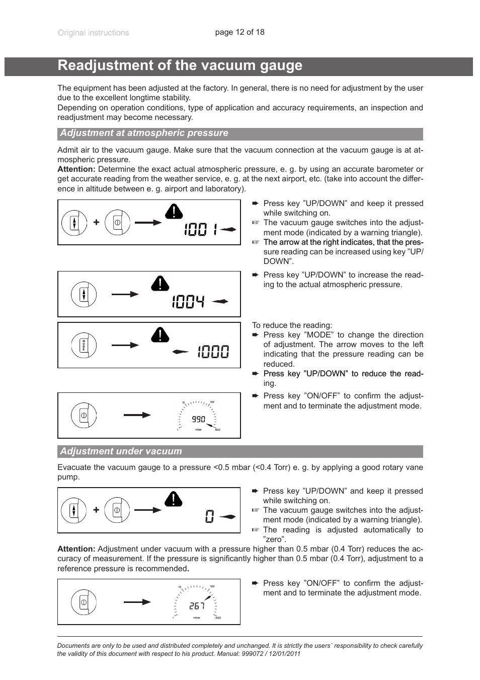 Readjustment of the vacuum gauge, Adjustment at atmospheric pressure, Adjustment under vacuum | VACUUBRAND DVR 3 User Manual | Page 12 / 18