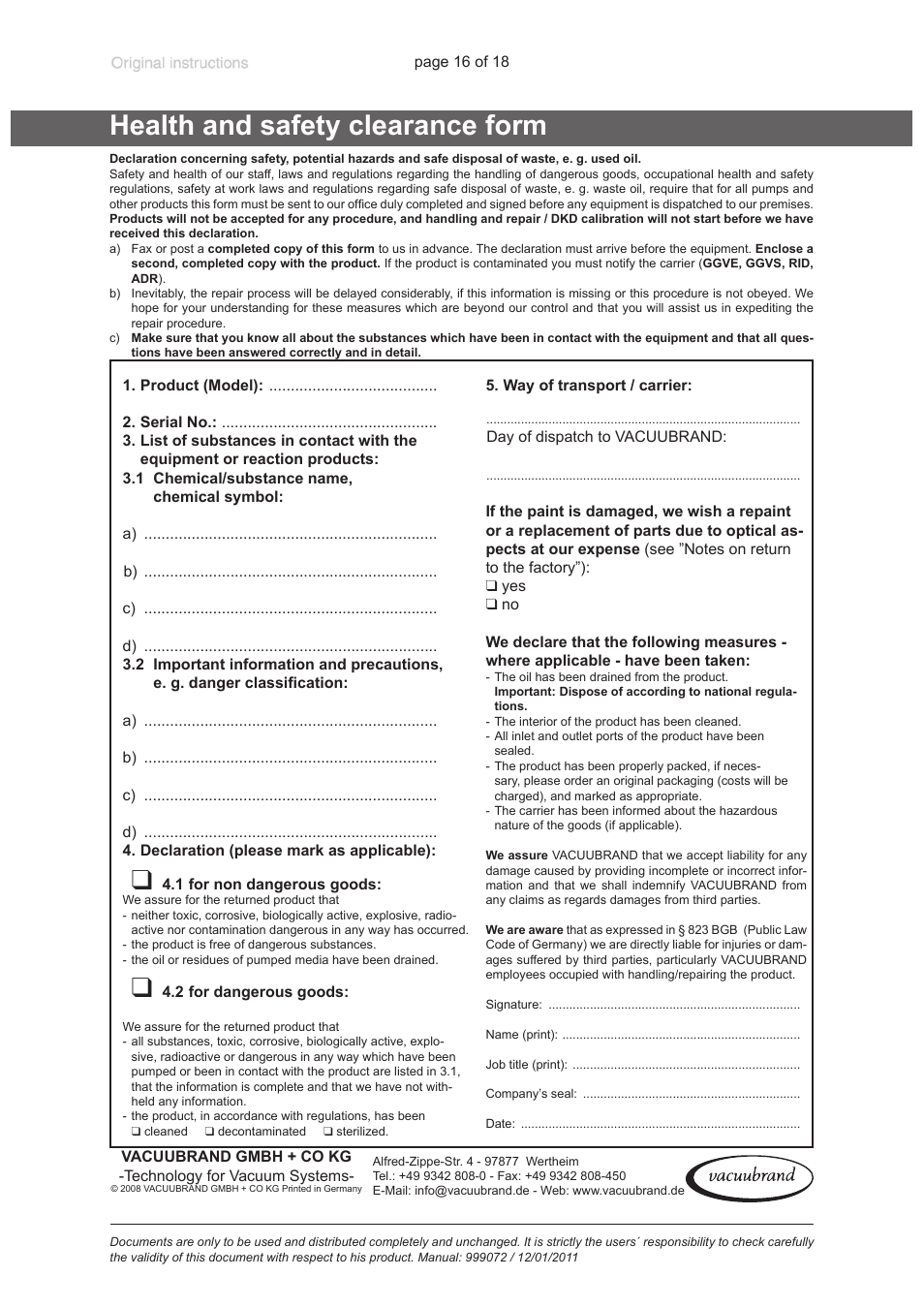 Health and safety clearance form | VACUUBRAND DVR 3 User Manual | Page 16 / 18