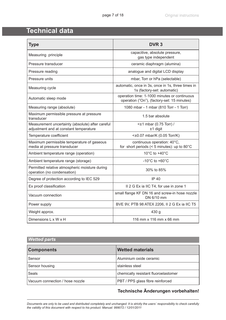 Technical data, Wetted parts | VACUUBRAND DVR 3 User Manual | Page 7 / 18