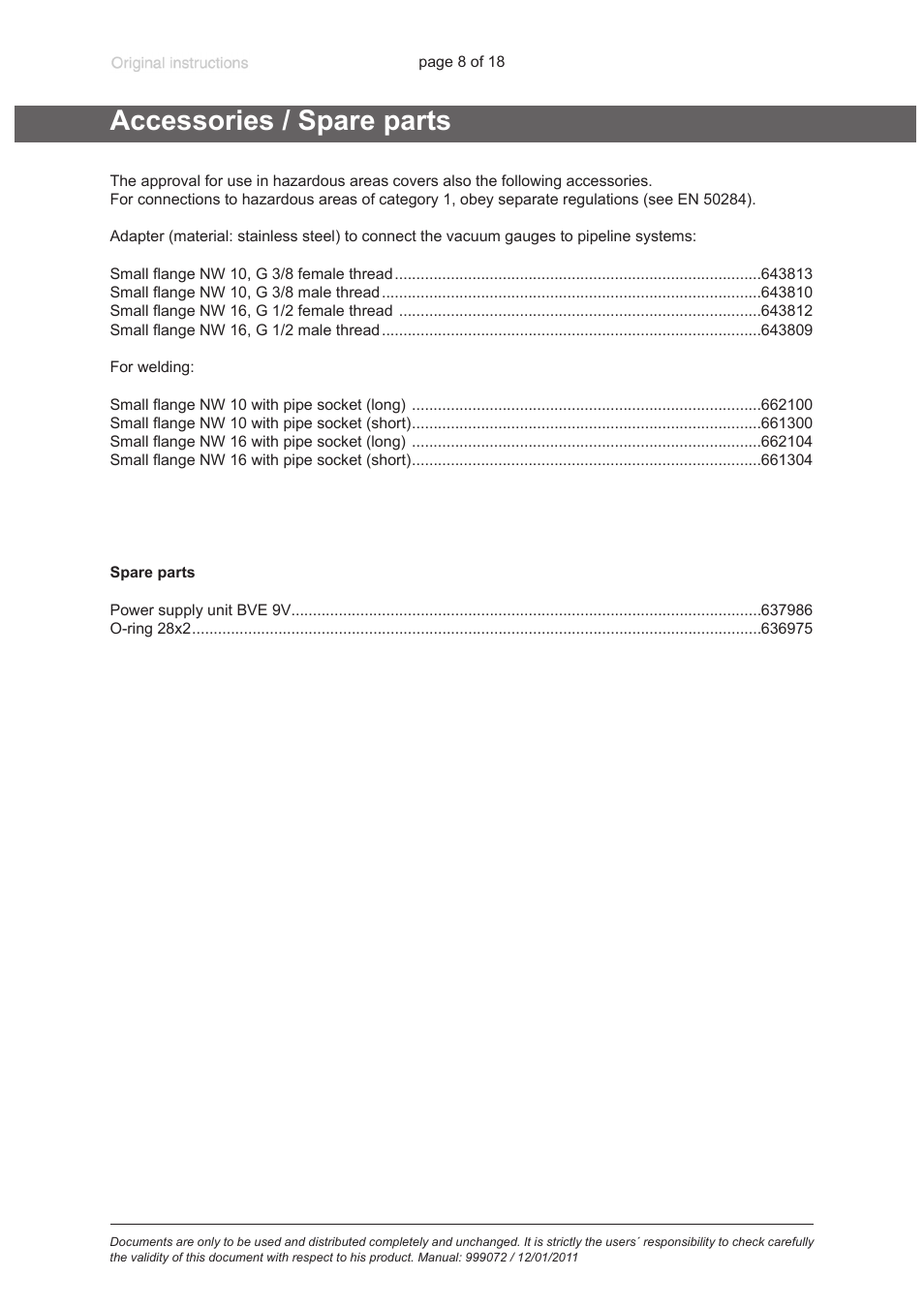 Accessories / spare parts | VACUUBRAND DVR 3 User Manual | Page 8 / 18