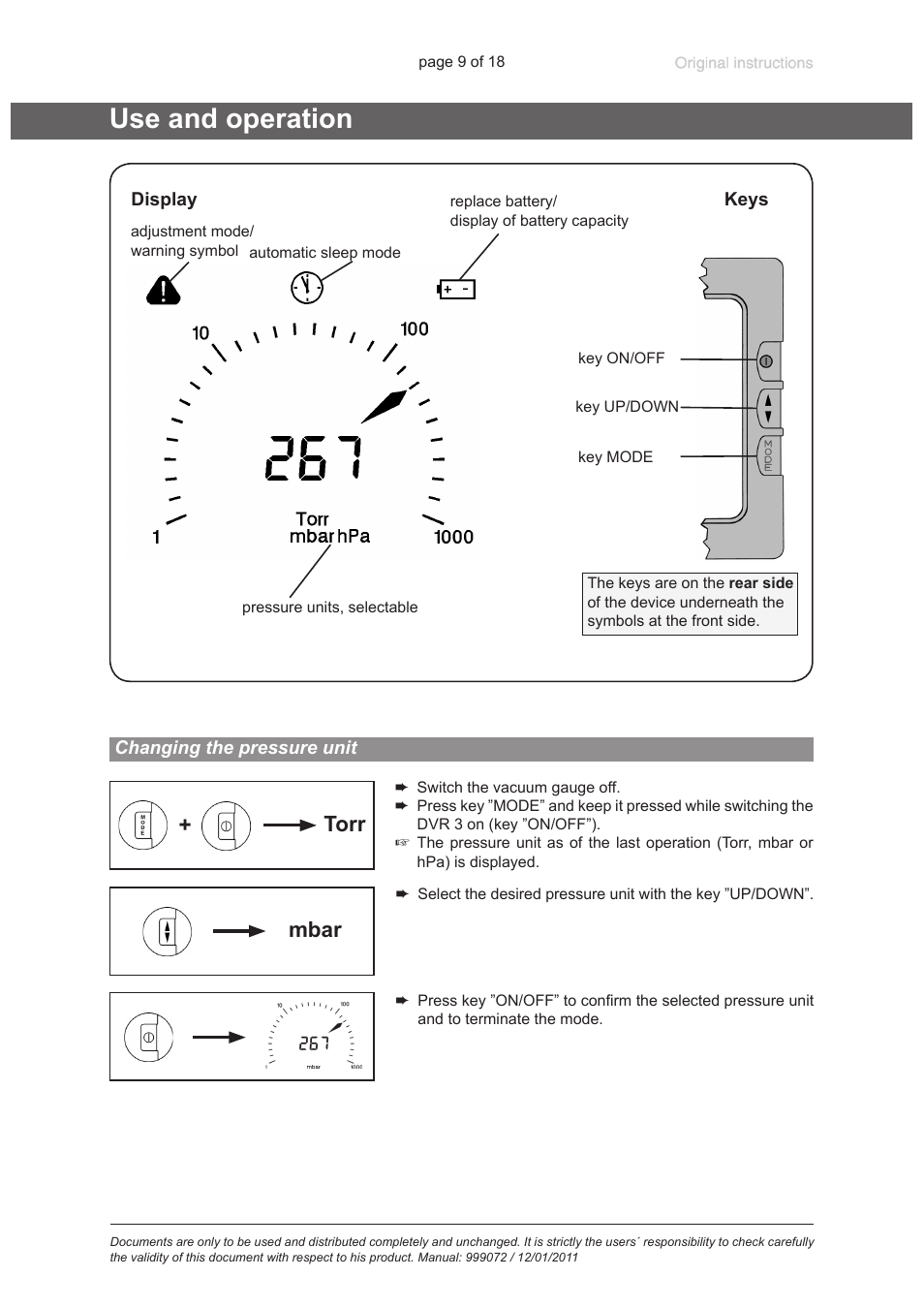 Use and operation, Changing the pressure unit, Torr + mbar | VACUUBRAND DVR 3 User Manual | Page 9 / 18