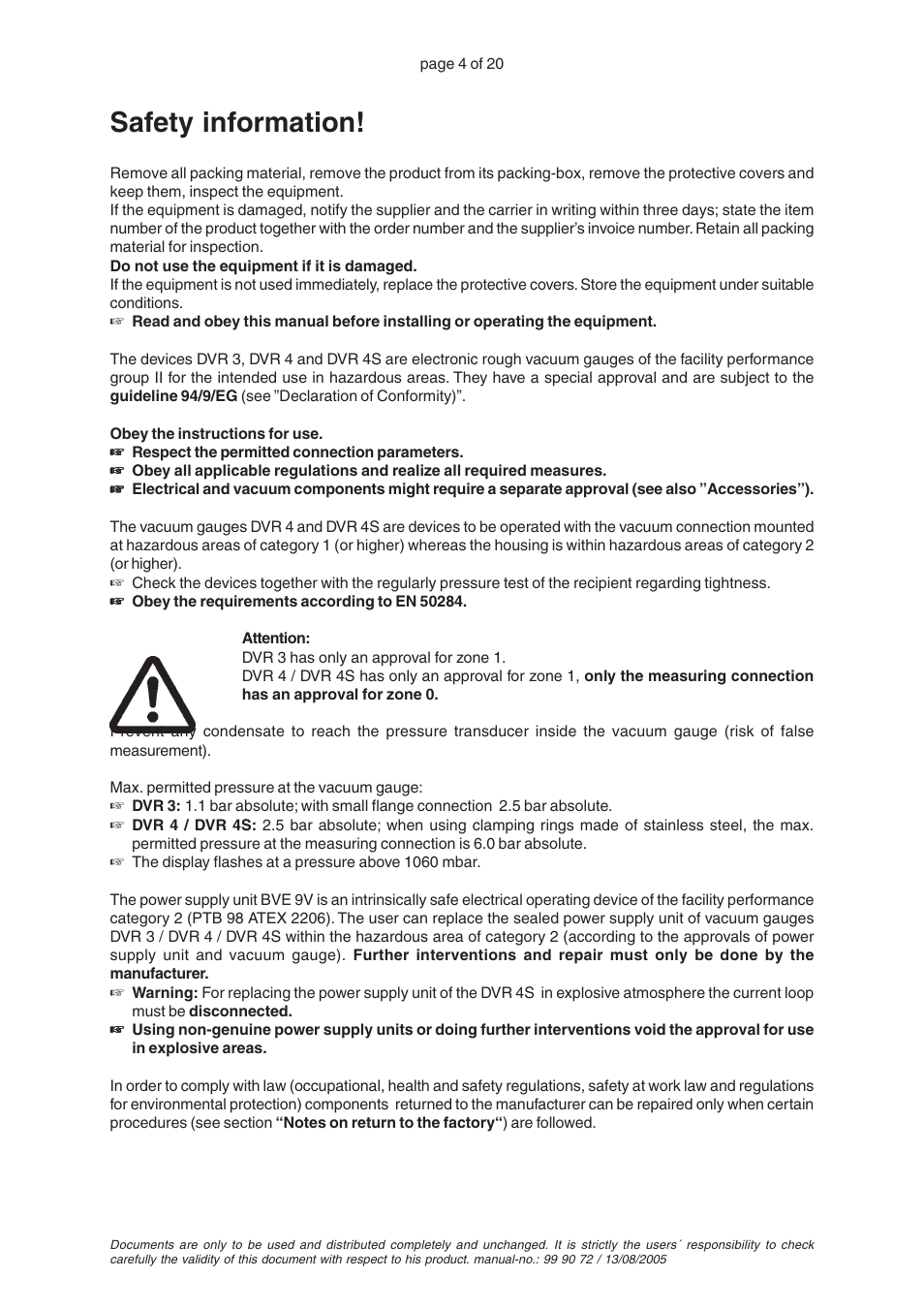 Safety information | VACUUBRAND DVR 4S User Manual | Page 4 / 20