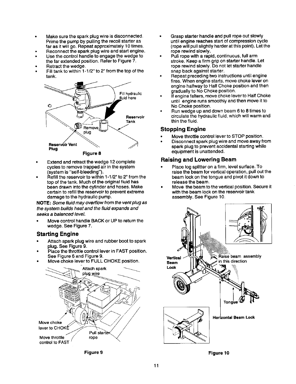 Starting engine, Stopping engine, Raising and lowering beam | Craftsman 247.79452 User Manual | Page 11 / 27