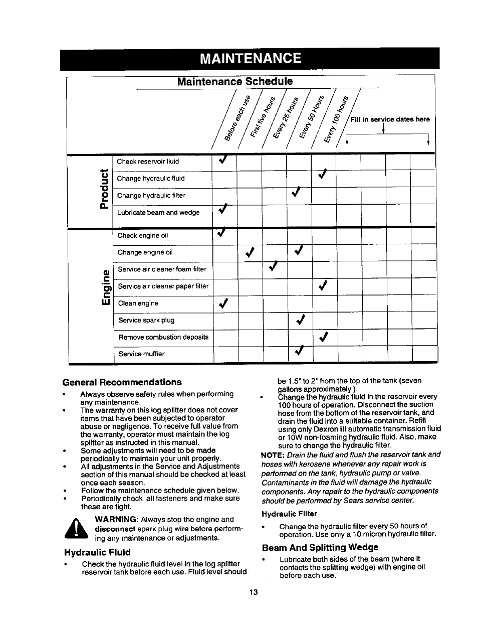 Maintenance, Maintenance schedule, General recommendations | Hydraulic fluid, Beam and splitting wedge | Craftsman 247.79452 User Manual | Page 13 / 27