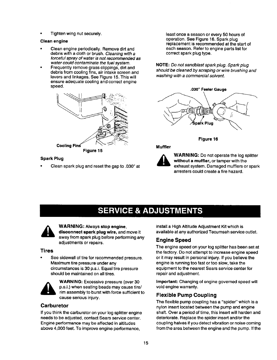 Service & adjustments, Tires, Carburetor | Engine speed, Flexible pump coupling, Service & adjustment | Craftsman 247.79452 User Manual | Page 15 / 27