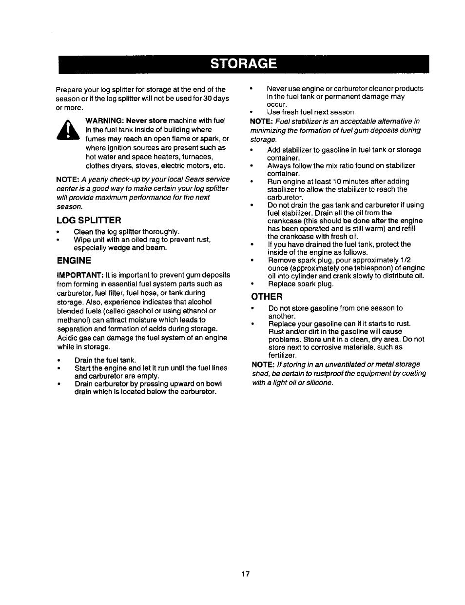 Log splitter, Engine, Other | Storage | Craftsman 247.79452 User Manual | Page 17 / 27