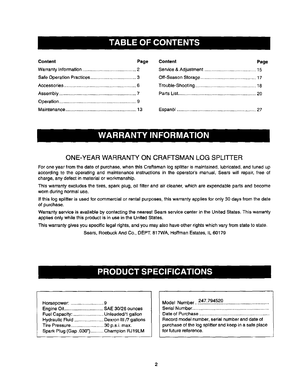 Craftsman 247.79452 User Manual | Page 2 / 27