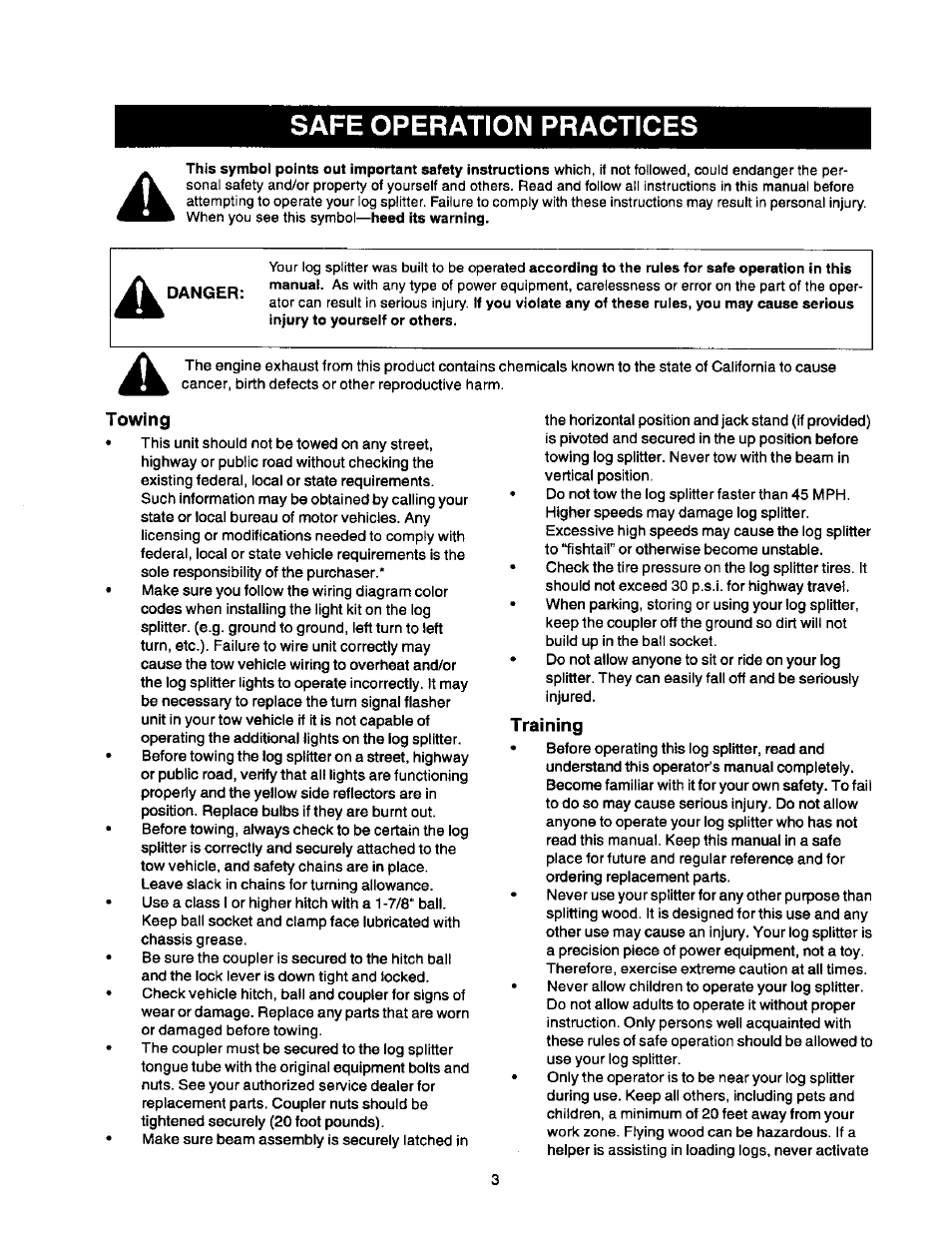 Towing, Training, Safe operation practices | Craftsman 247.79452 User Manual | Page 3 / 27