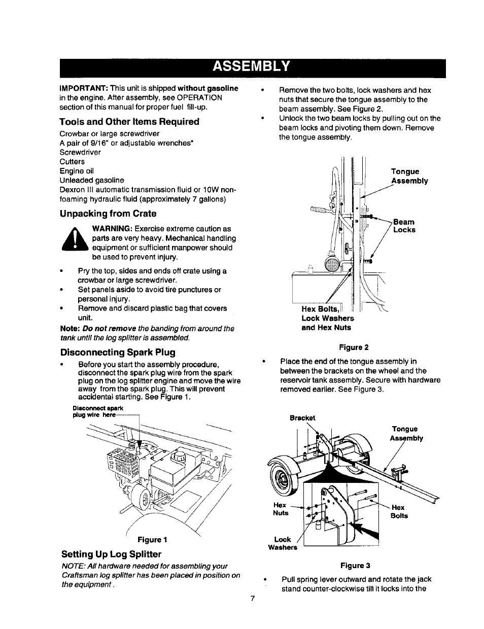 Tools and other items required, Unpacking from crate, Disconnecting spark plug | Assembly | Craftsman 247.79452 User Manual | Page 7 / 27