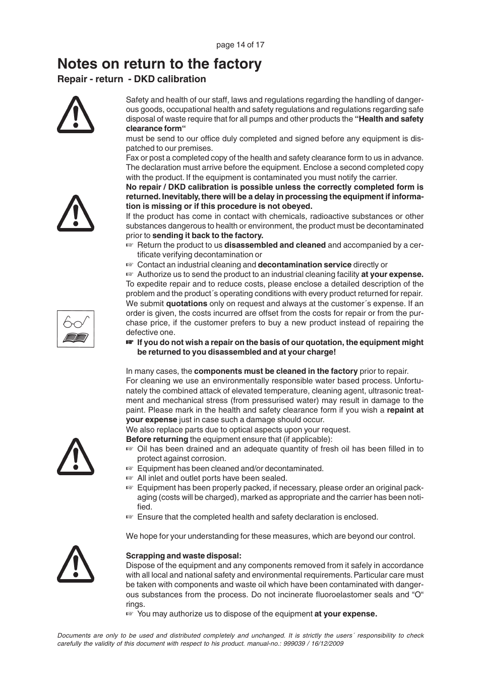 Notes on return to the factory | VACUUBRAND VAP 5 User Manual | Page 14 / 17