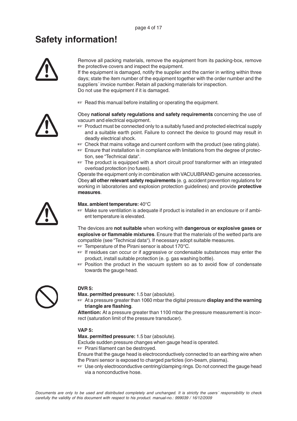 Safety information | VACUUBRAND VAP 5 User Manual | Page 4 / 17