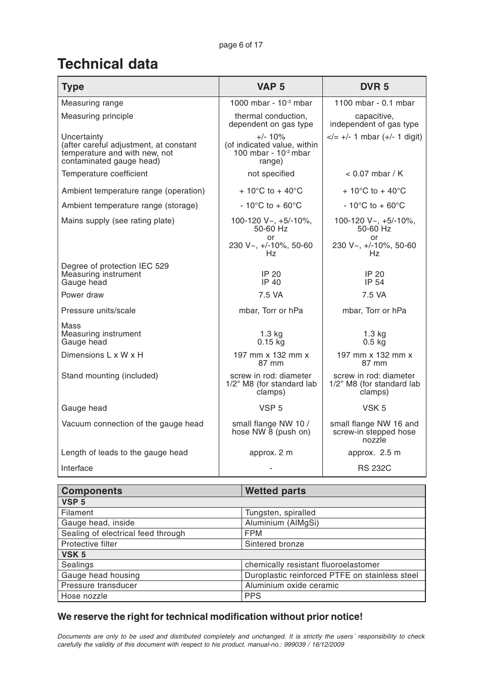 Technical data | VACUUBRAND VAP 5 User Manual | Page 6 / 17