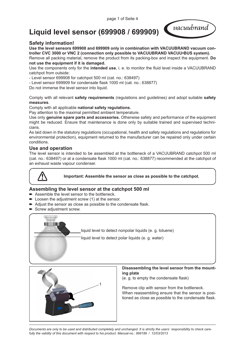 VACUUBRAND Liquid level sensor User Manual | 4 pages