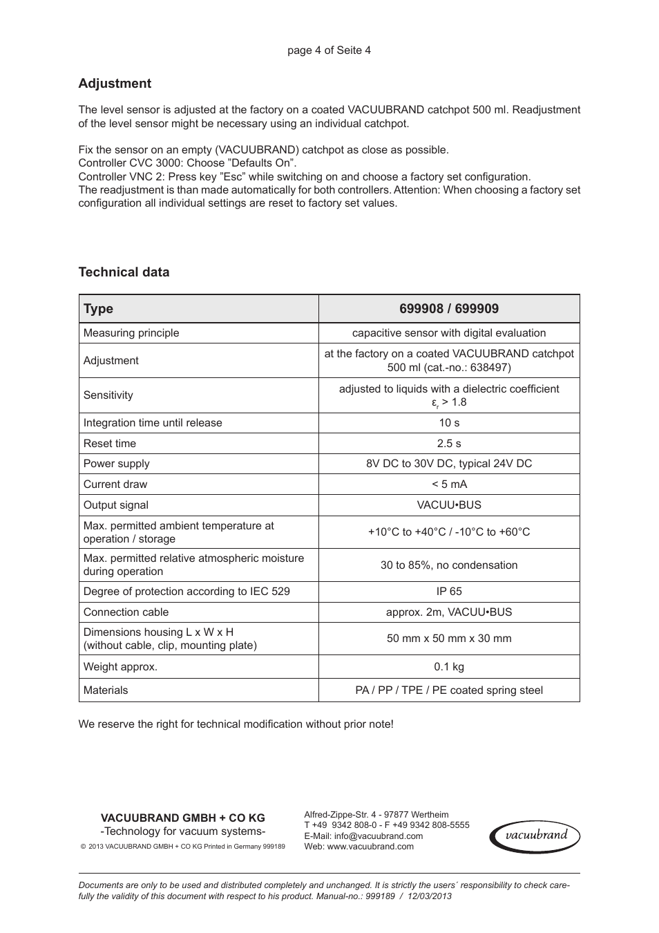 Technical data, Adjustment | VACUUBRAND Liquid level sensor User Manual | Page 4 / 4