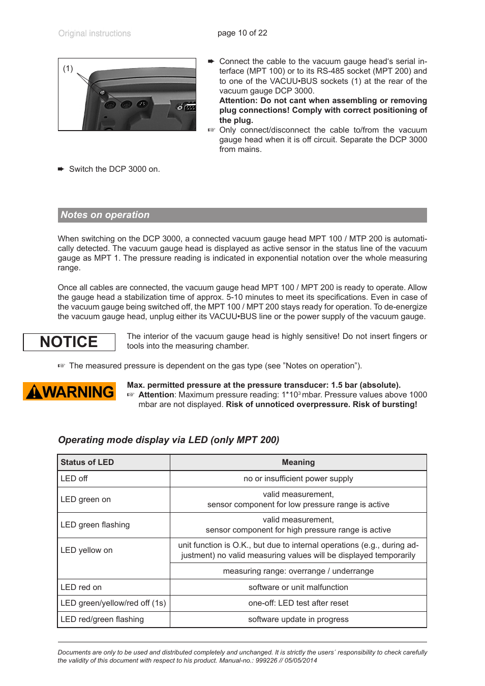 Notes on operation, Operating mode display via led (only mpt 200), Notice | VACUUBRAND MPT 200 User Manual | Page 10 / 22
