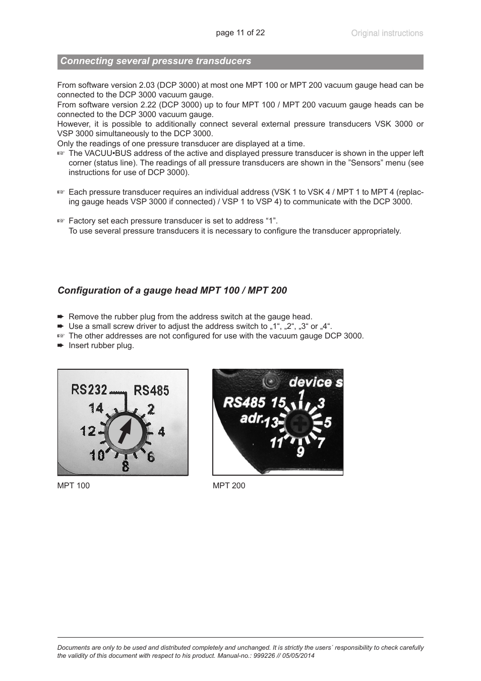 Connecting several pressure transducers, Configuration of a gauge head mpt 100 / mpt 200 | VACUUBRAND MPT 200 User Manual | Page 11 / 22