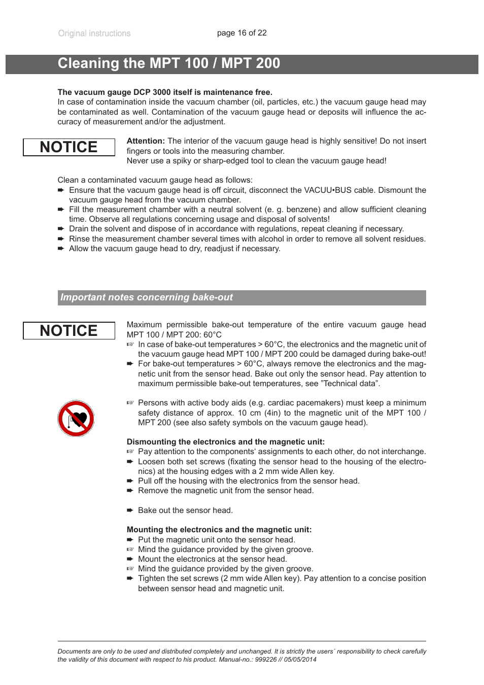 Cleaning the mpt 100 / mpt 200, Important notes concerning bake-out, Notice | VACUUBRAND MPT 200 User Manual | Page 16 / 22