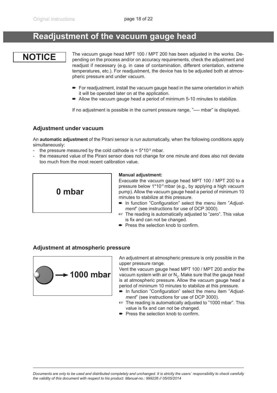 Readjustment of the vacuum gauge head, Notice | VACUUBRAND MPT 200 User Manual | Page 18 / 22