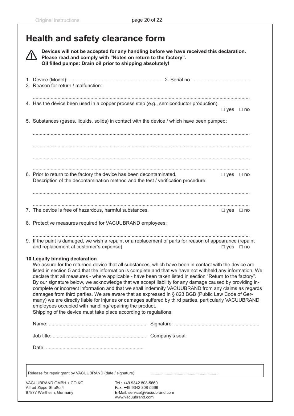 Health and safety clearance form | VACUUBRAND MPT 200 User Manual | Page 20 / 22