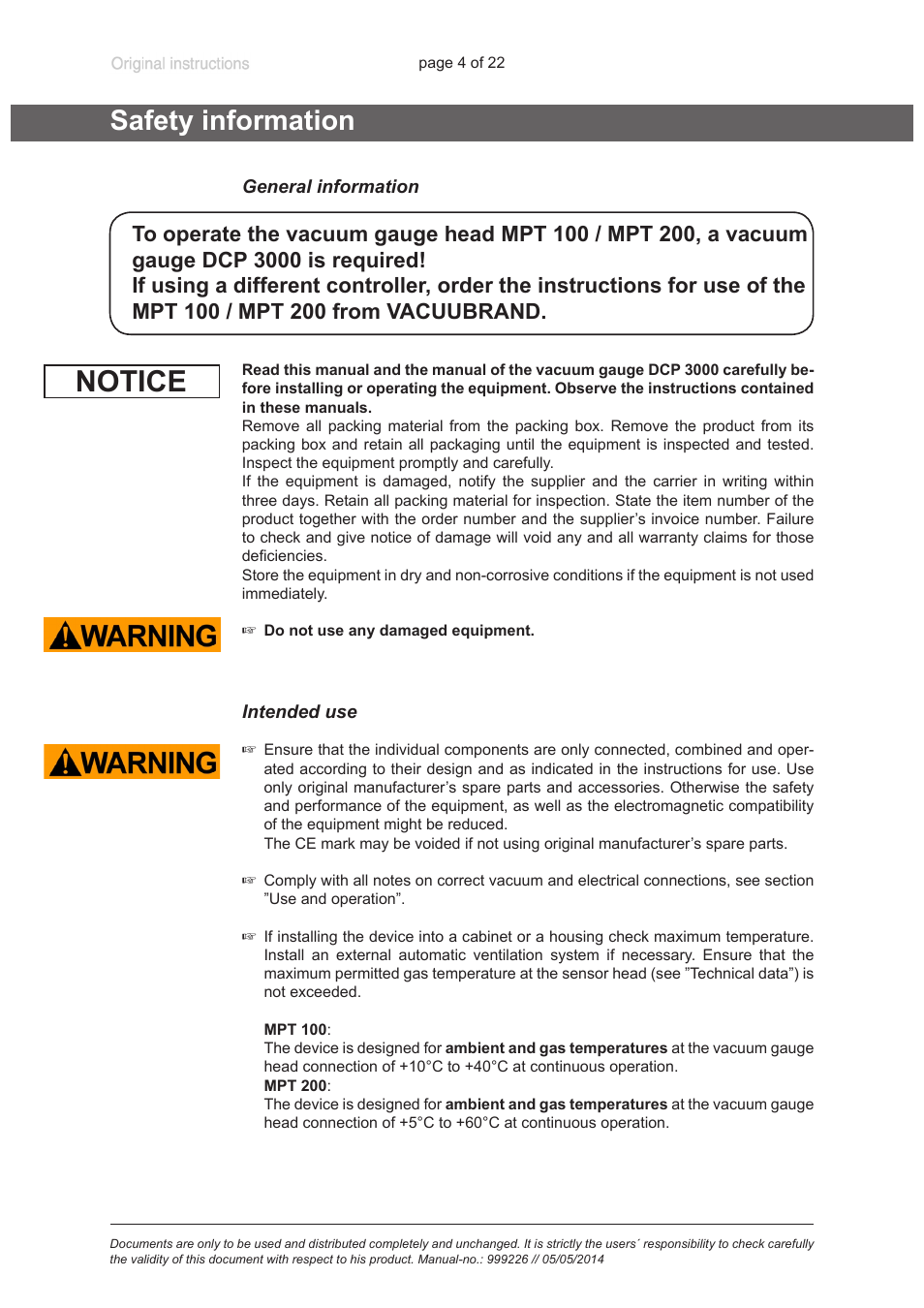 Safety information, General information, Intended use | Notice | VACUUBRAND MPT 200 User Manual | Page 4 / 22