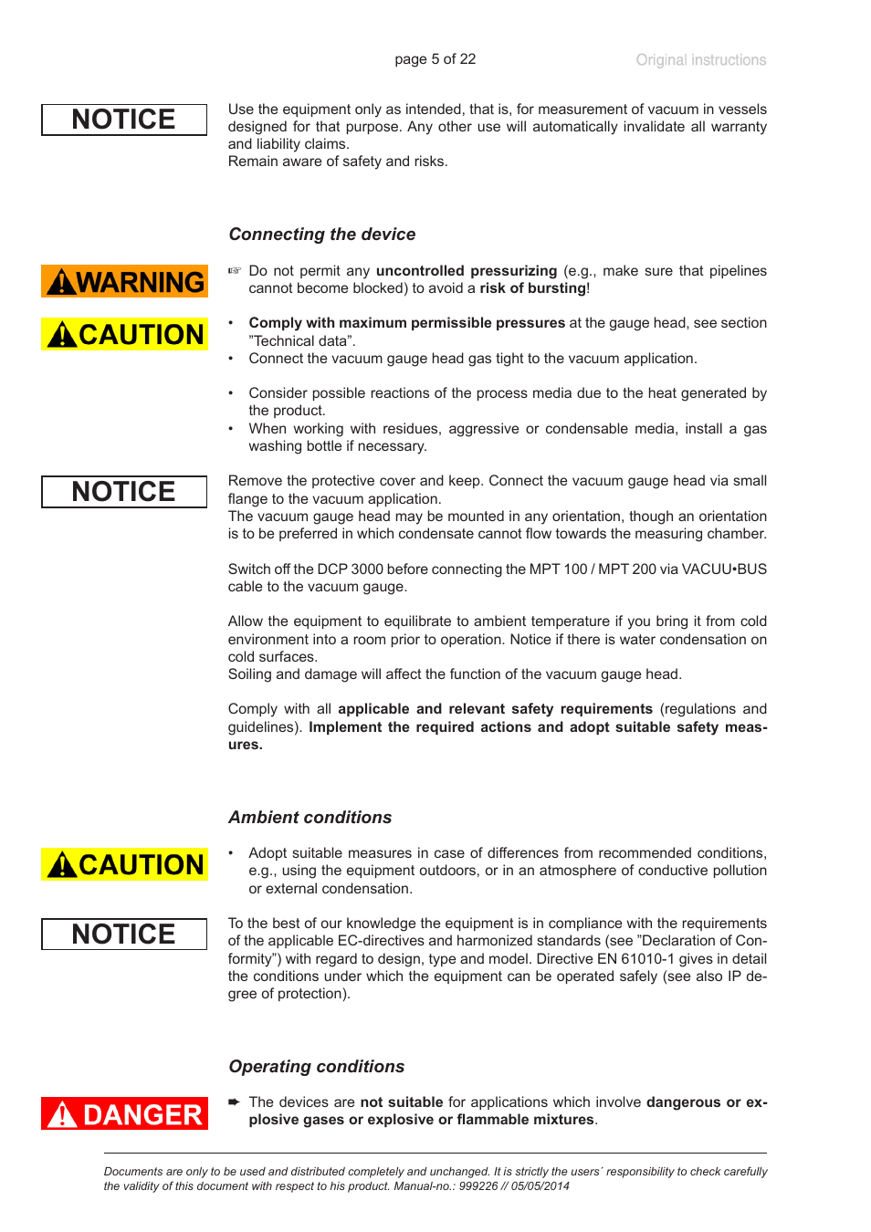 Connecting the device, Ambient conditions, Operating conditions | Notice | VACUUBRAND MPT 200 User Manual | Page 5 / 22