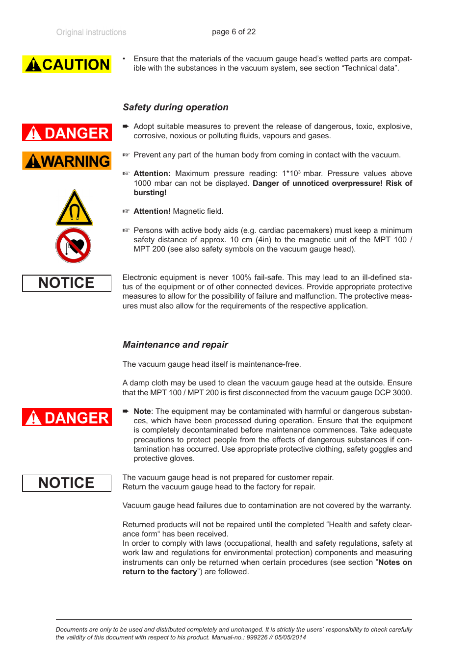 Safety during operation, Notice | VACUUBRAND MPT 200 User Manual | Page 6 / 22