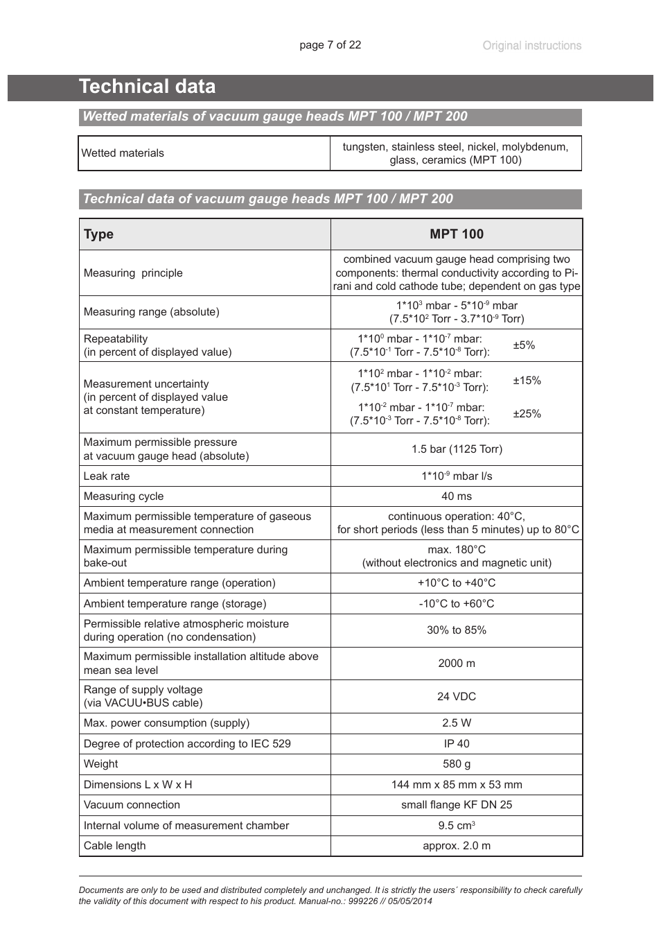 Technical data | VACUUBRAND MPT 200 User Manual | Page 7 / 22