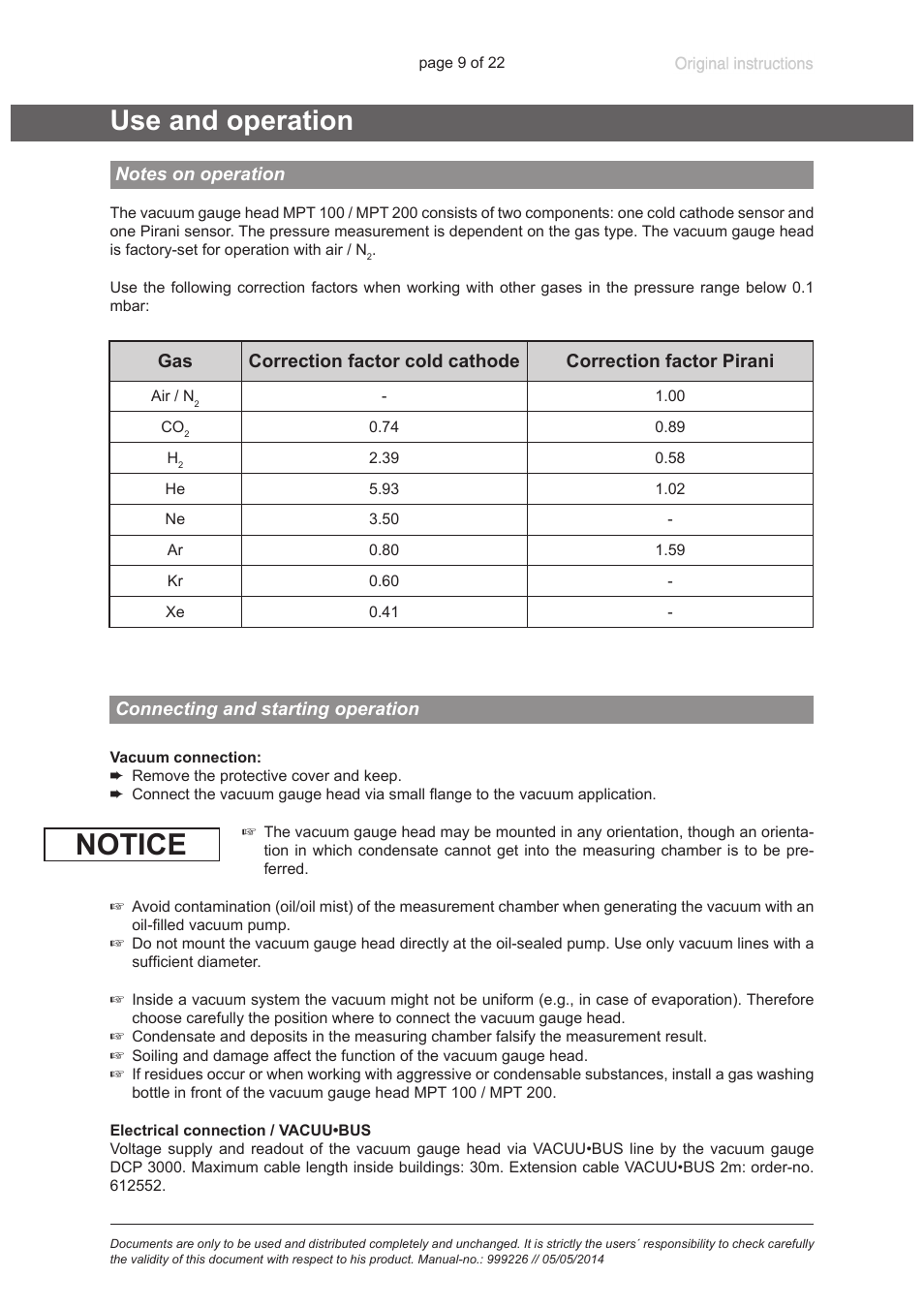 Use and operation, Notes on operation, Connecting and starting operation | Notice | VACUUBRAND MPT 200 User Manual | Page 9 / 22