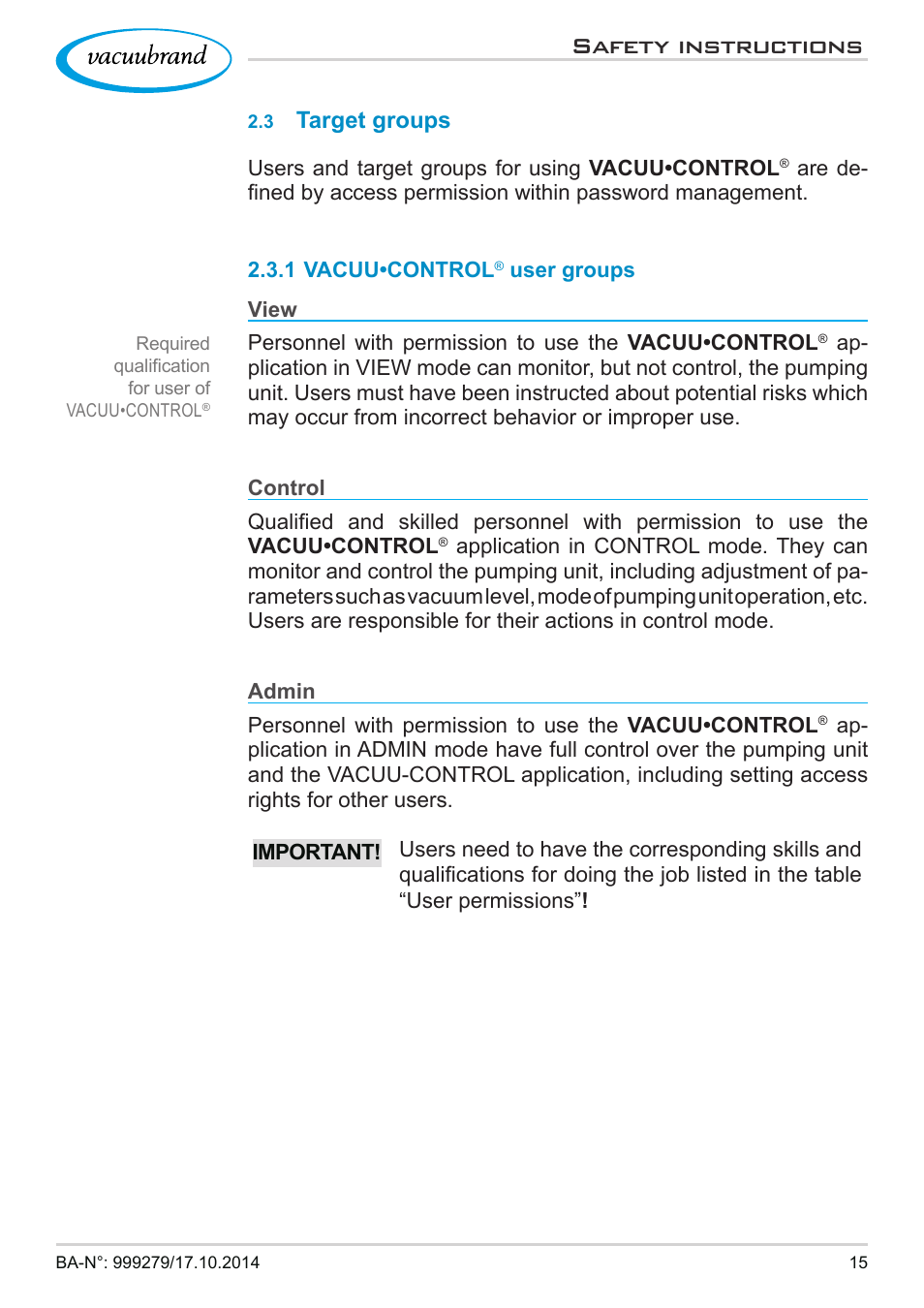 3 target groups, 1 vacuu•control® user groups, 1 vacuu•control | User groups, Safety instructions, Target groups | VACUUBRAND VACUU·CONTROL User Manual | Page 15 / 80