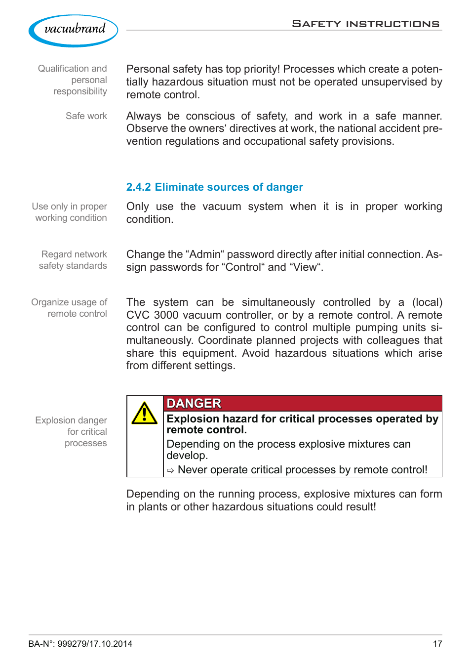 2 eliminate sources of danger, Safety instructions, Danger | VACUUBRAND VACUU·CONTROL User Manual | Page 17 / 80