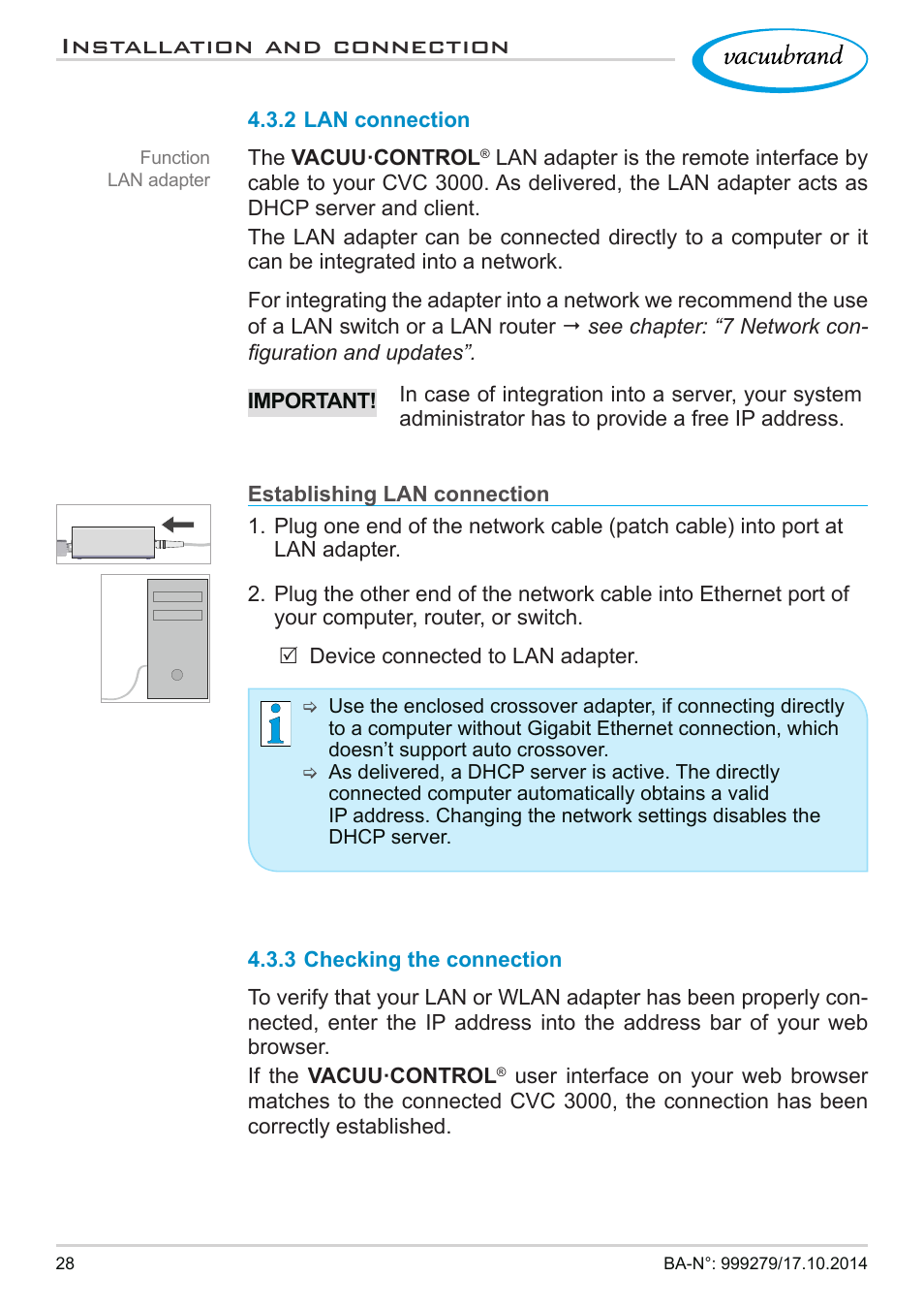 2 lan connection, 3 checking the connection, Installation and connection | VACUUBRAND VACUU·CONTROL User Manual | Page 28 / 80