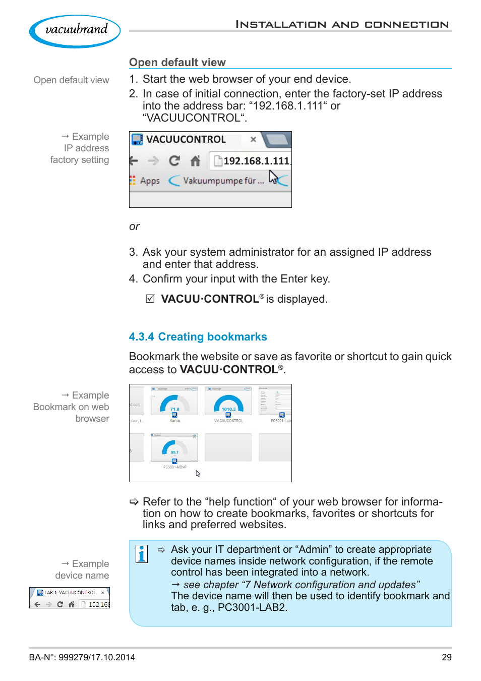 4 creating bookmarks, Installation and connection | VACUUBRAND VACUU·CONTROL User Manual | Page 29 / 80