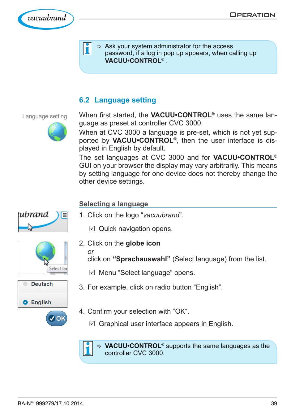 2 language setting, Operation | VACUUBRAND VACUU·CONTROL User Manual | Page 39 / 80