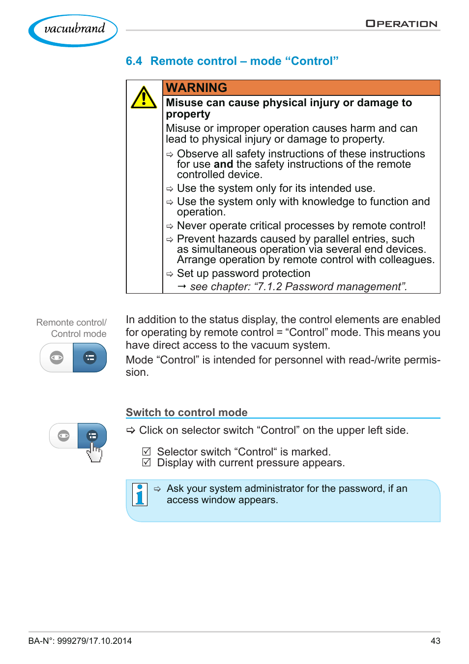 4 remote control – mode “control, Operation, Warning | VACUUBRAND VACUU·CONTROL User Manual | Page 43 / 80