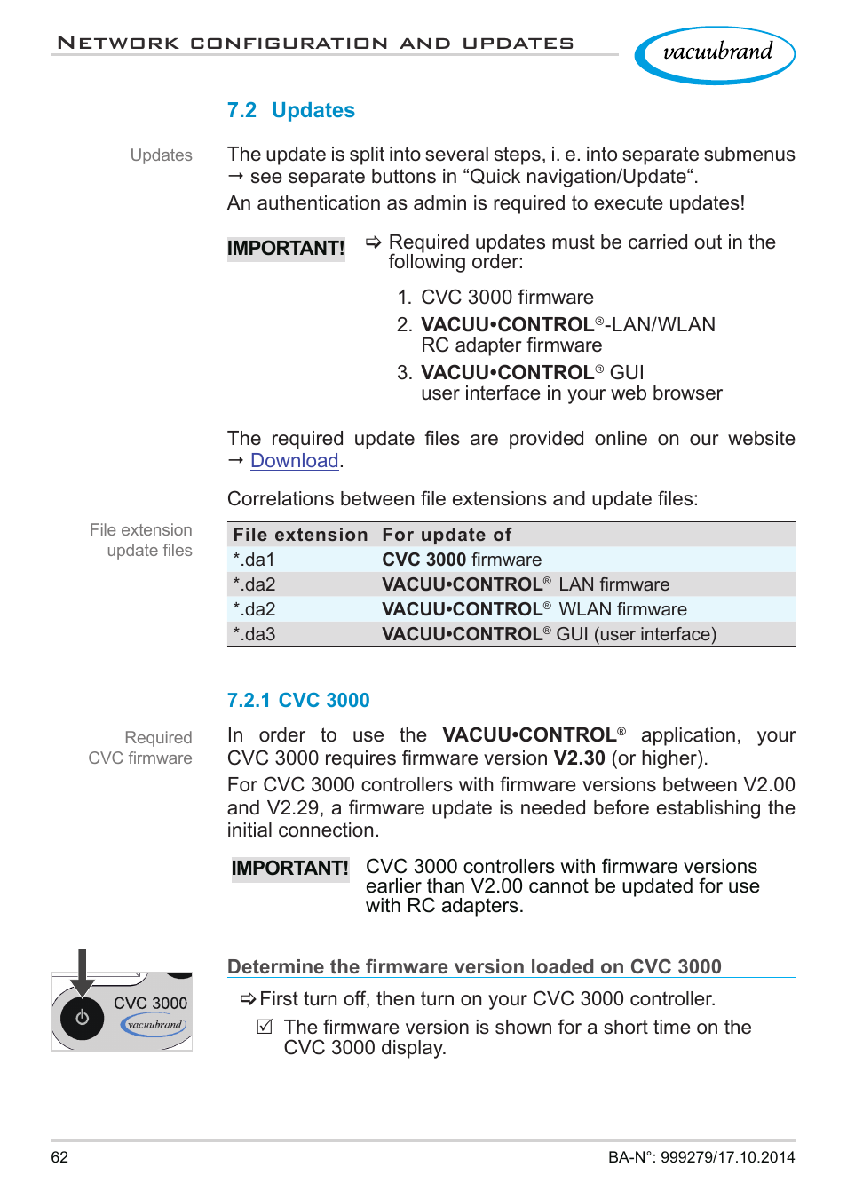 2 updates, 1 cvc 3000, Network configuration and updates | VACUUBRAND VACUU·CONTROL User Manual | Page 62 / 80