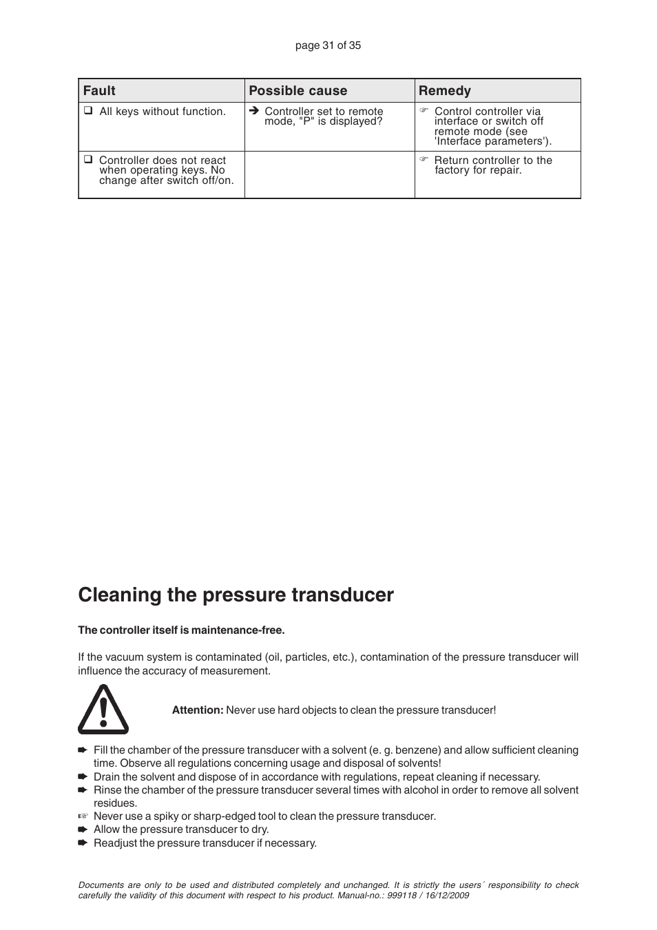 Cleaning the pressure transducer | VACUUBRAND VNC 1 User Manual | Page 31 / 35