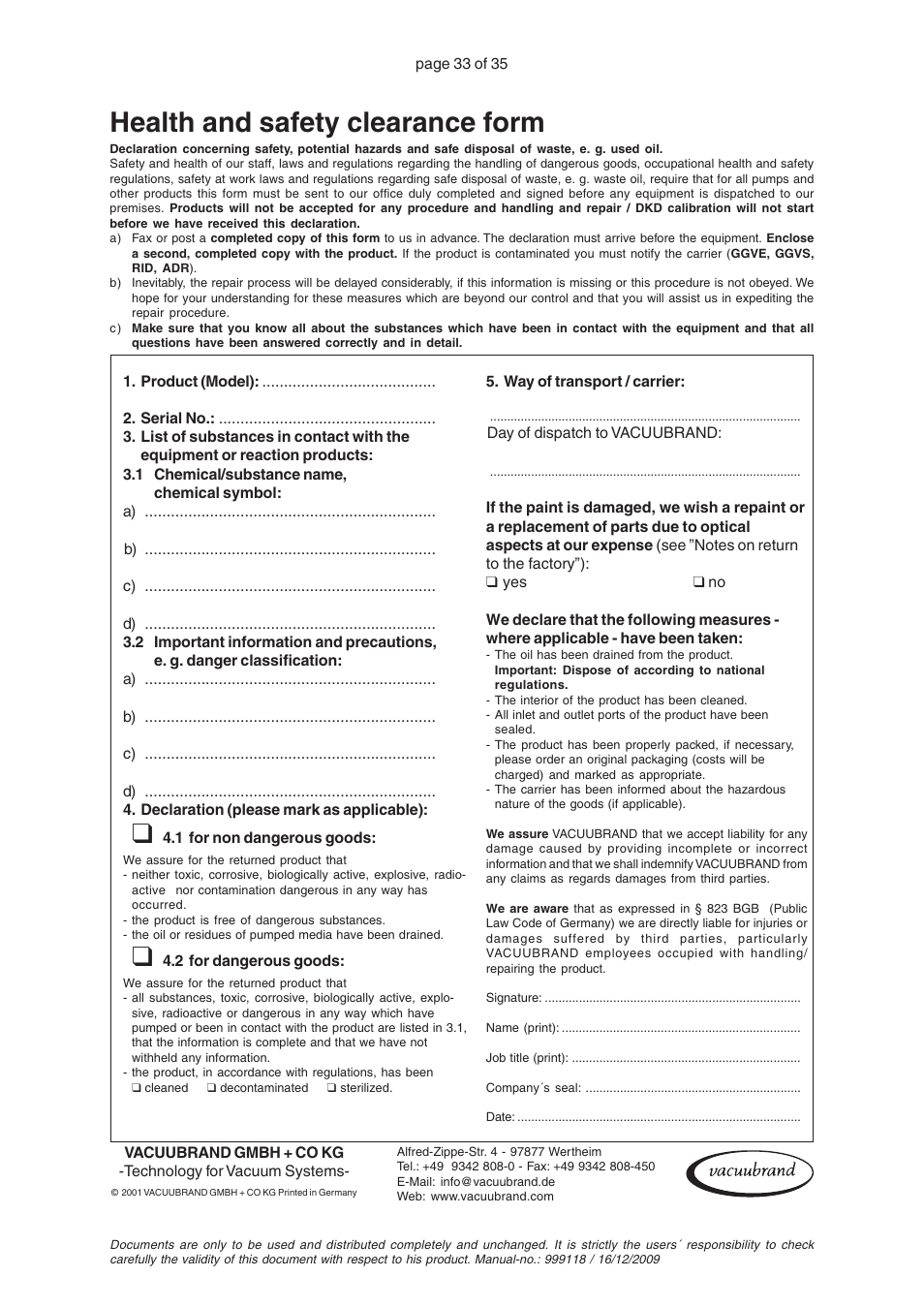 Health and safety clearance form | VACUUBRAND VNC 1 User Manual | Page 33 / 35