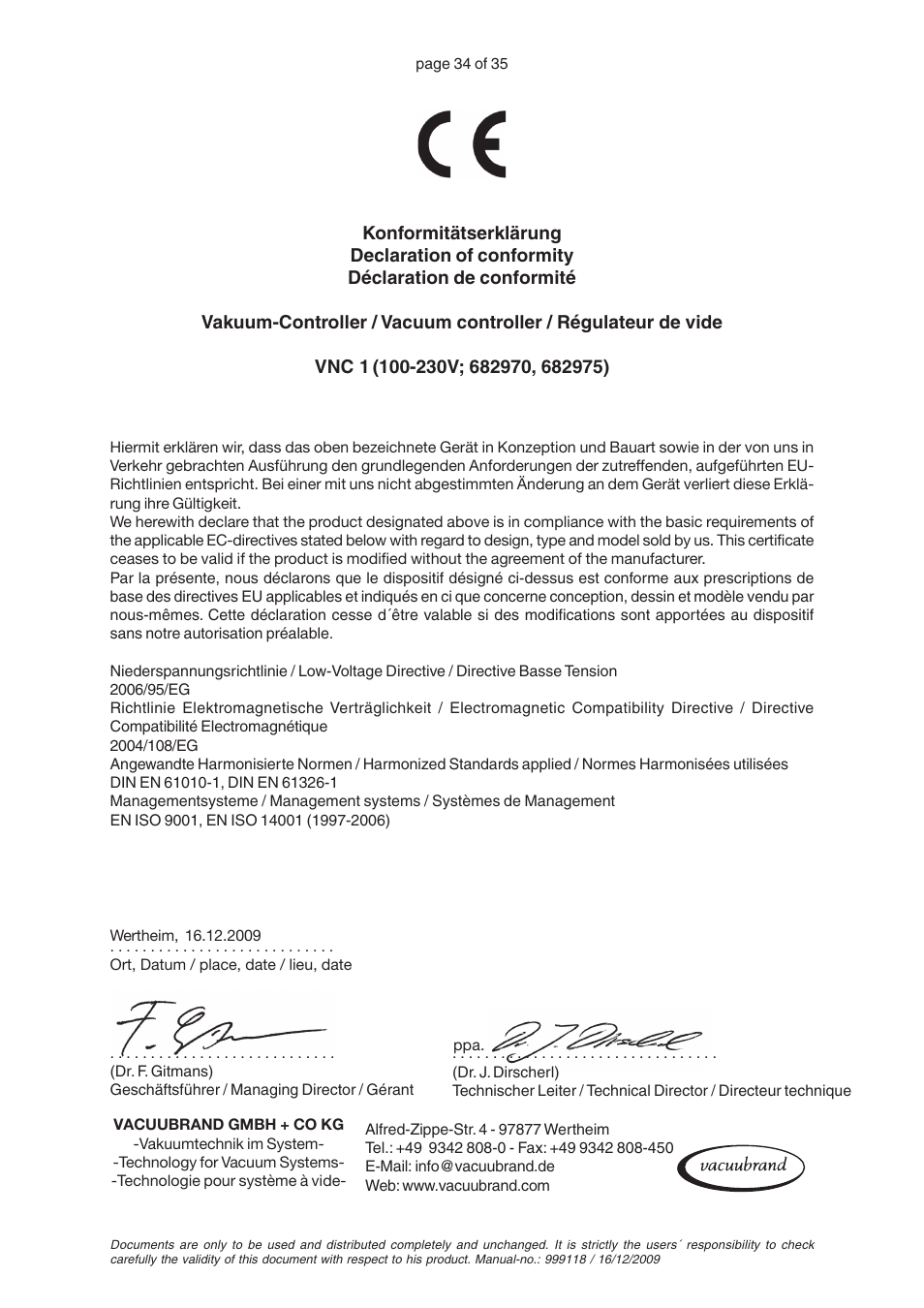 VACUUBRAND VNC 1 User Manual | Page 34 / 35