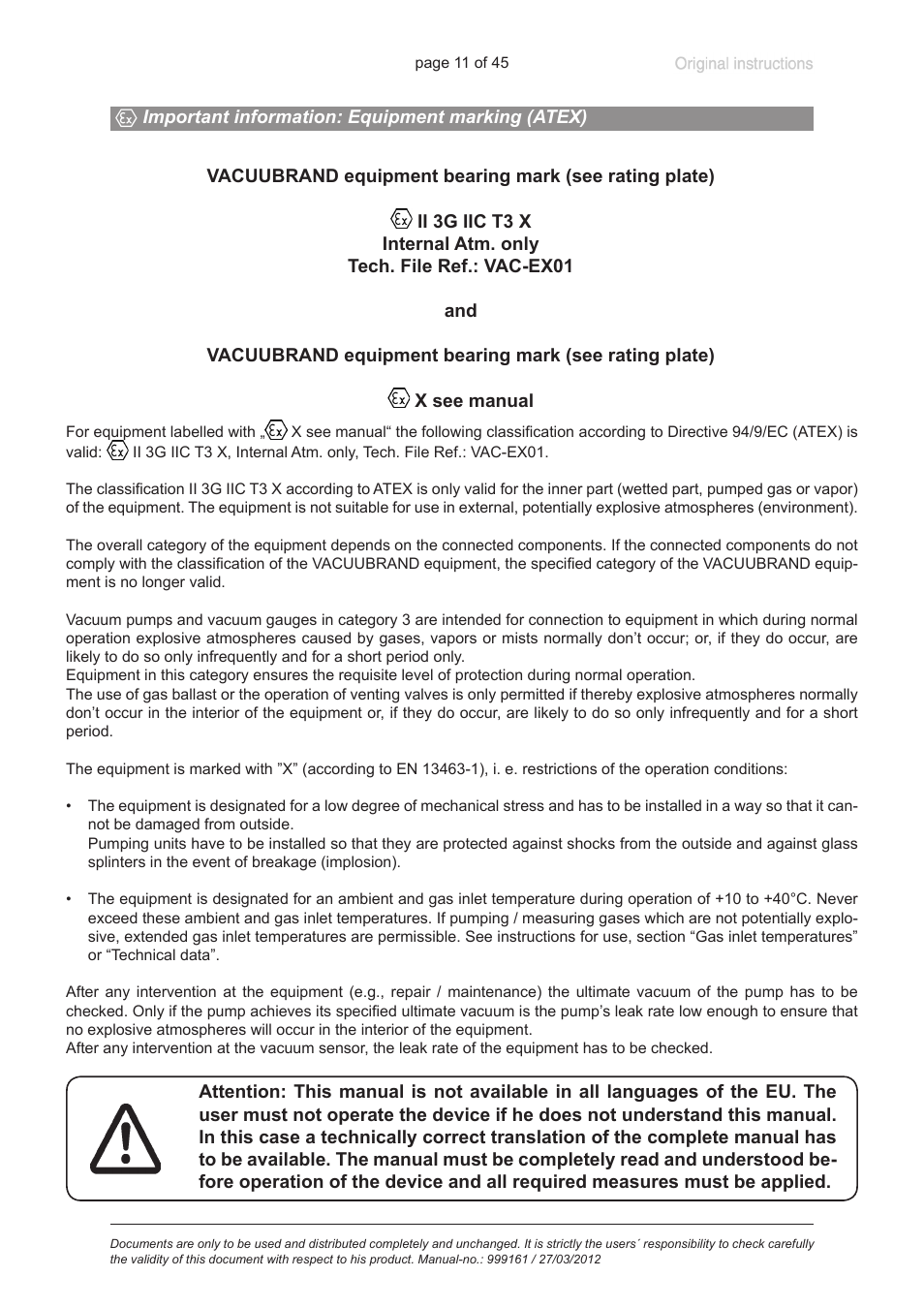 Important information: equipment marking (atex), See section, Important information: equip | Ment marking (atex)“, pg. 11) | VACUUBRAND VNC 2 User Manual | Page 11 / 45