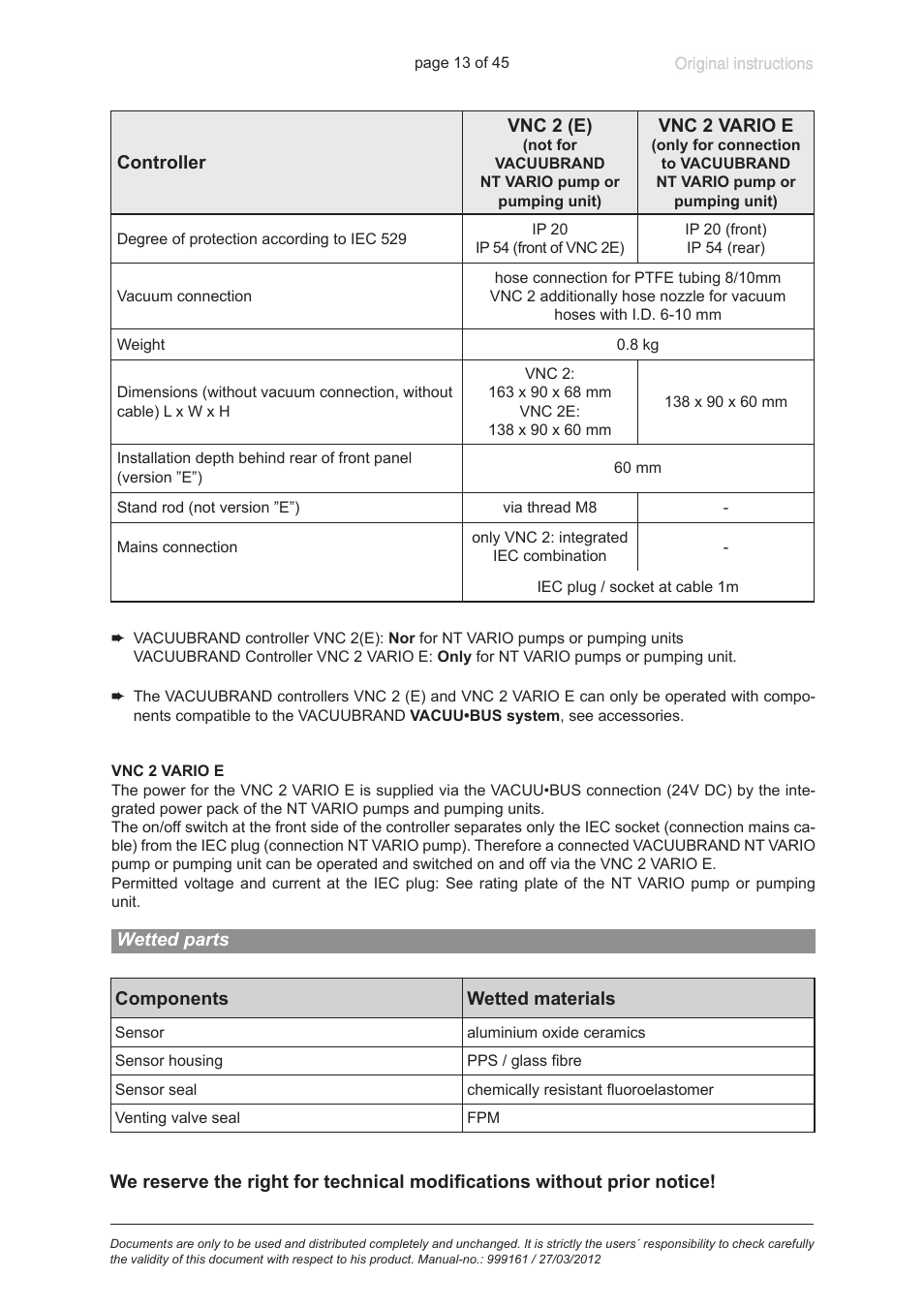 Wetted parts | VACUUBRAND VNC 2 User Manual | Page 13 / 45