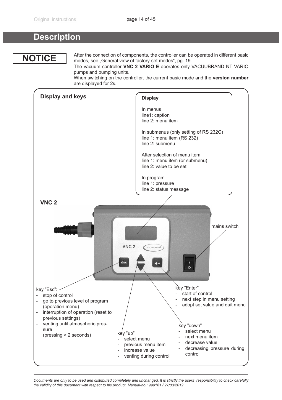 Description, Description“, pg. 14, Notice | VACUUBRAND VNC 2 User Manual | Page 14 / 45