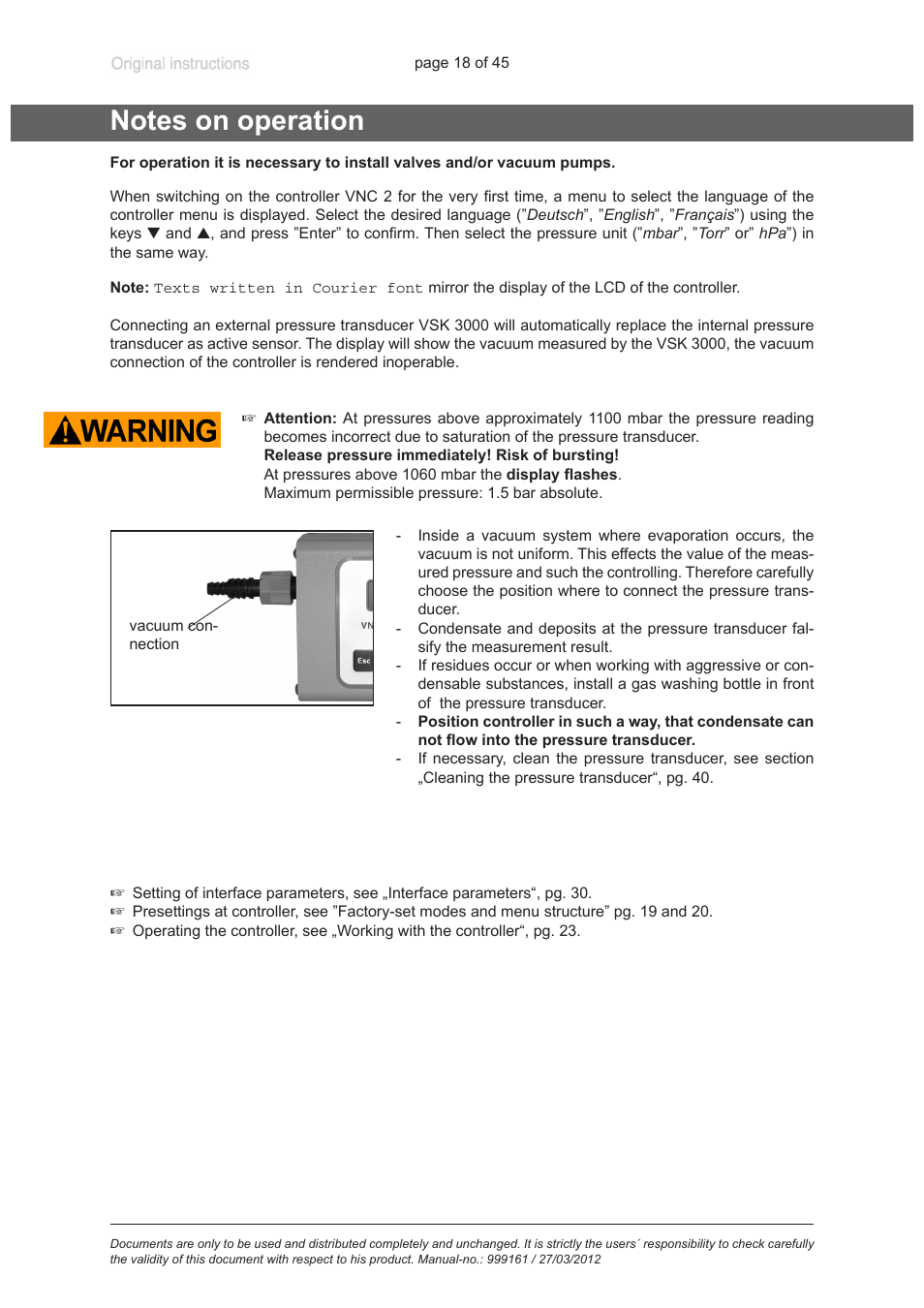Notes on operation | VACUUBRAND VNC 2 User Manual | Page 18 / 45