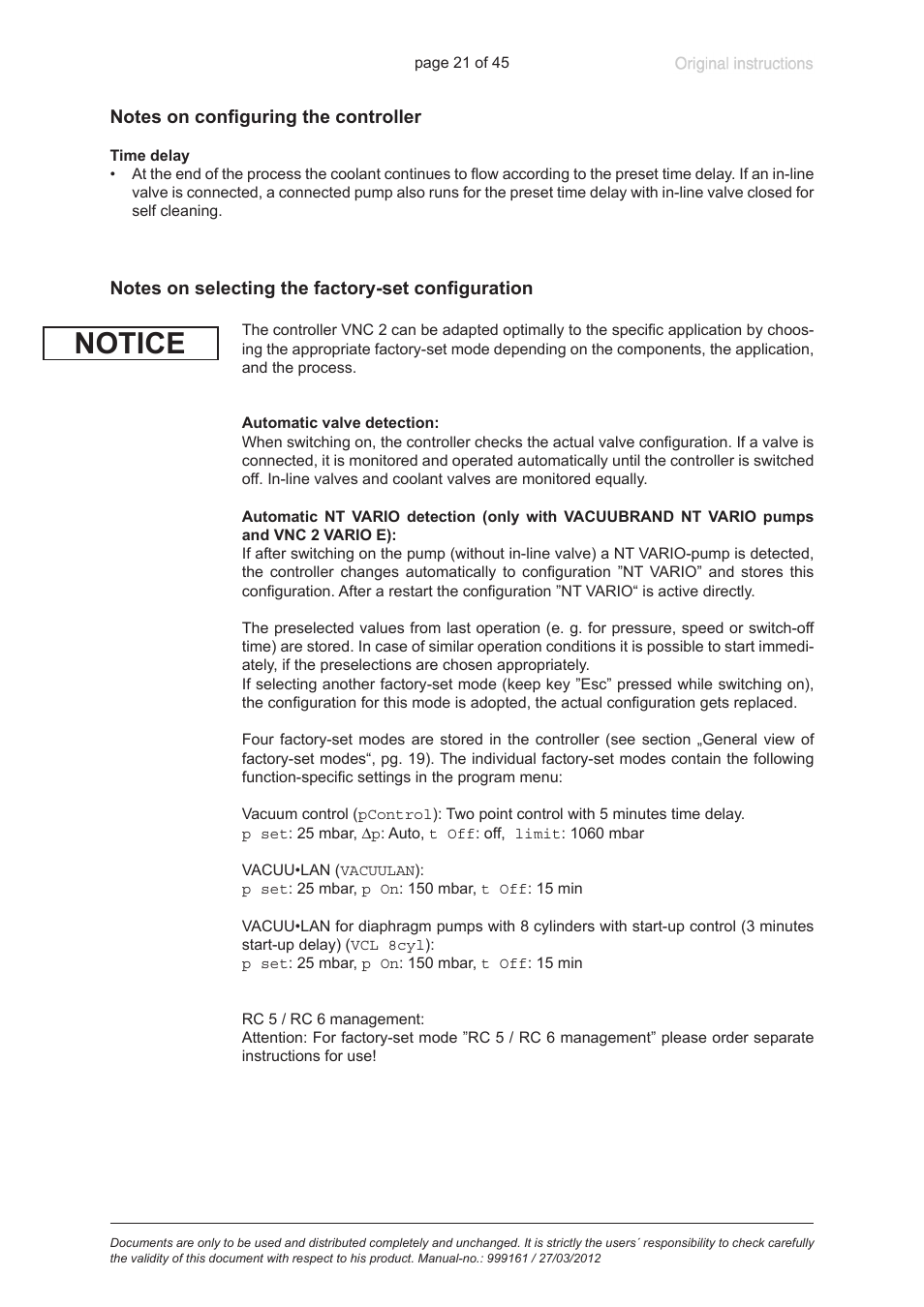 Notice | VACUUBRAND VNC 2 User Manual | Page 21 / 45