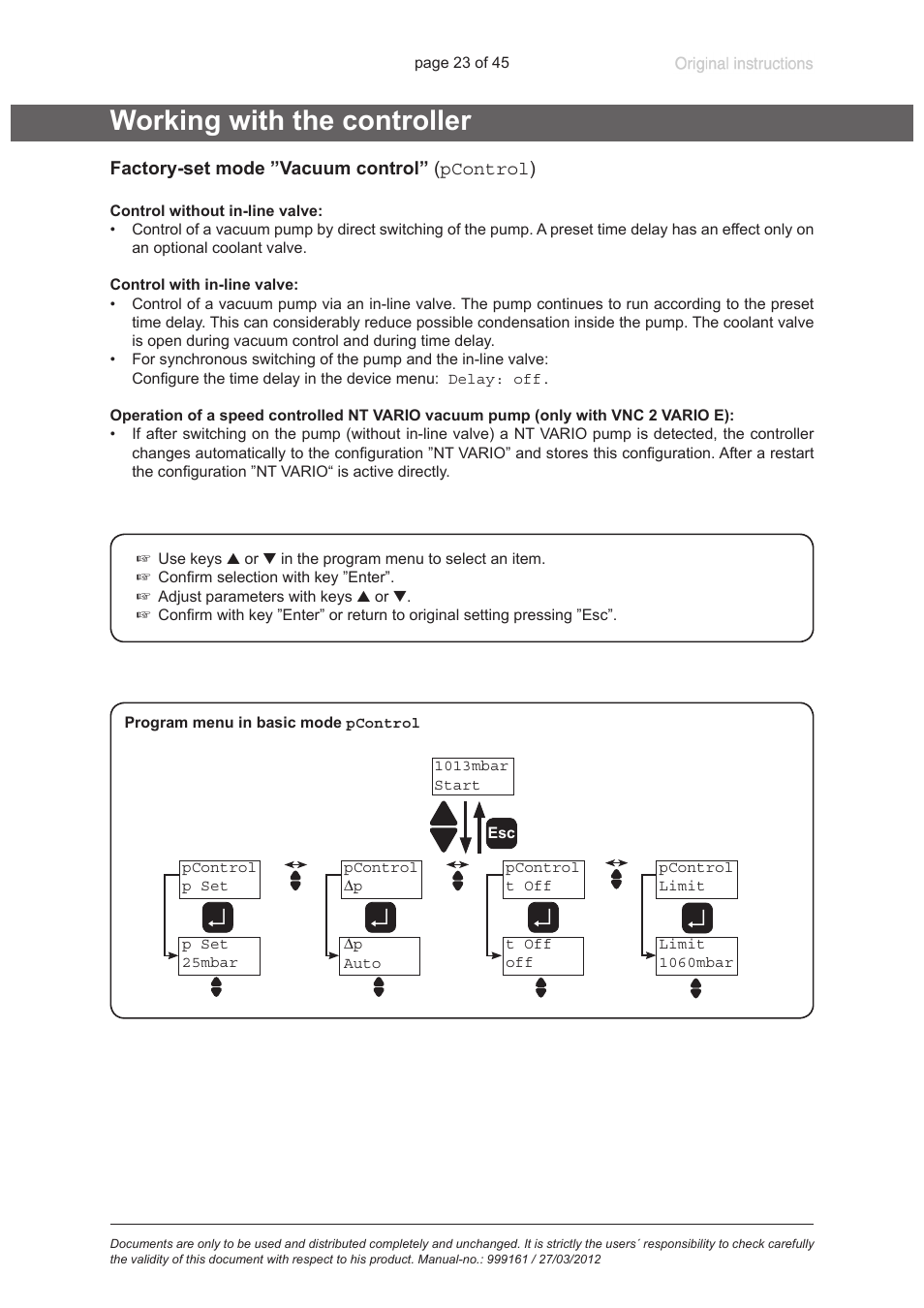 Working with the controller, See „working with the controller“, pg. 23, Pg. 23 | VACUUBRAND VNC 2 User Manual | Page 23 / 45