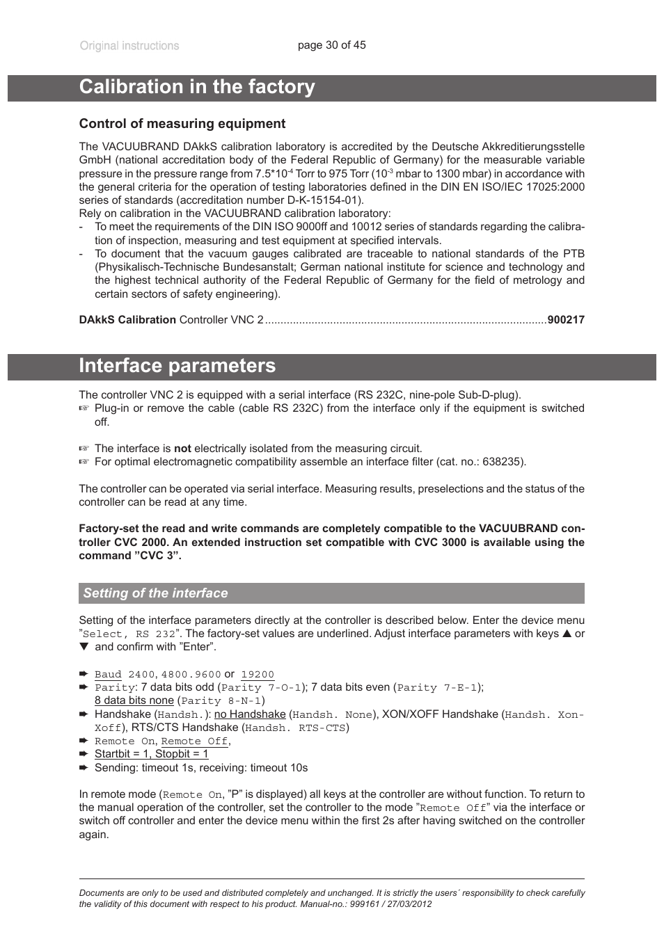 Calibration in the factory, Interface parameters, Setting of the interface | Interface parameters“, pg. 30 | VACUUBRAND VNC 2 User Manual | Page 30 / 45