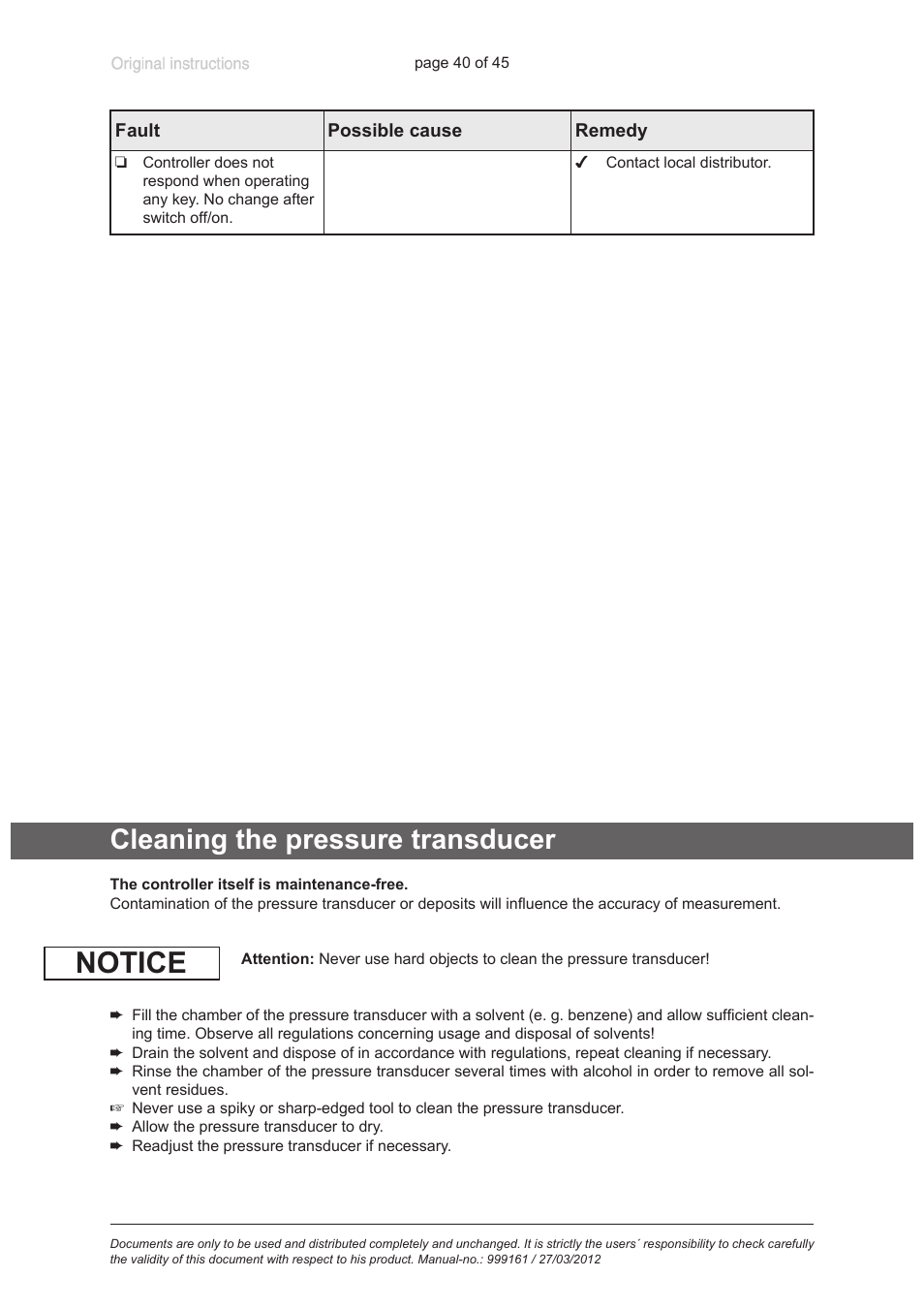 Cleaning the pressure transducer, Cleaning the pressure transducer“, pg. 40, Notice | VACUUBRAND VNC 2 User Manual | Page 40 / 45