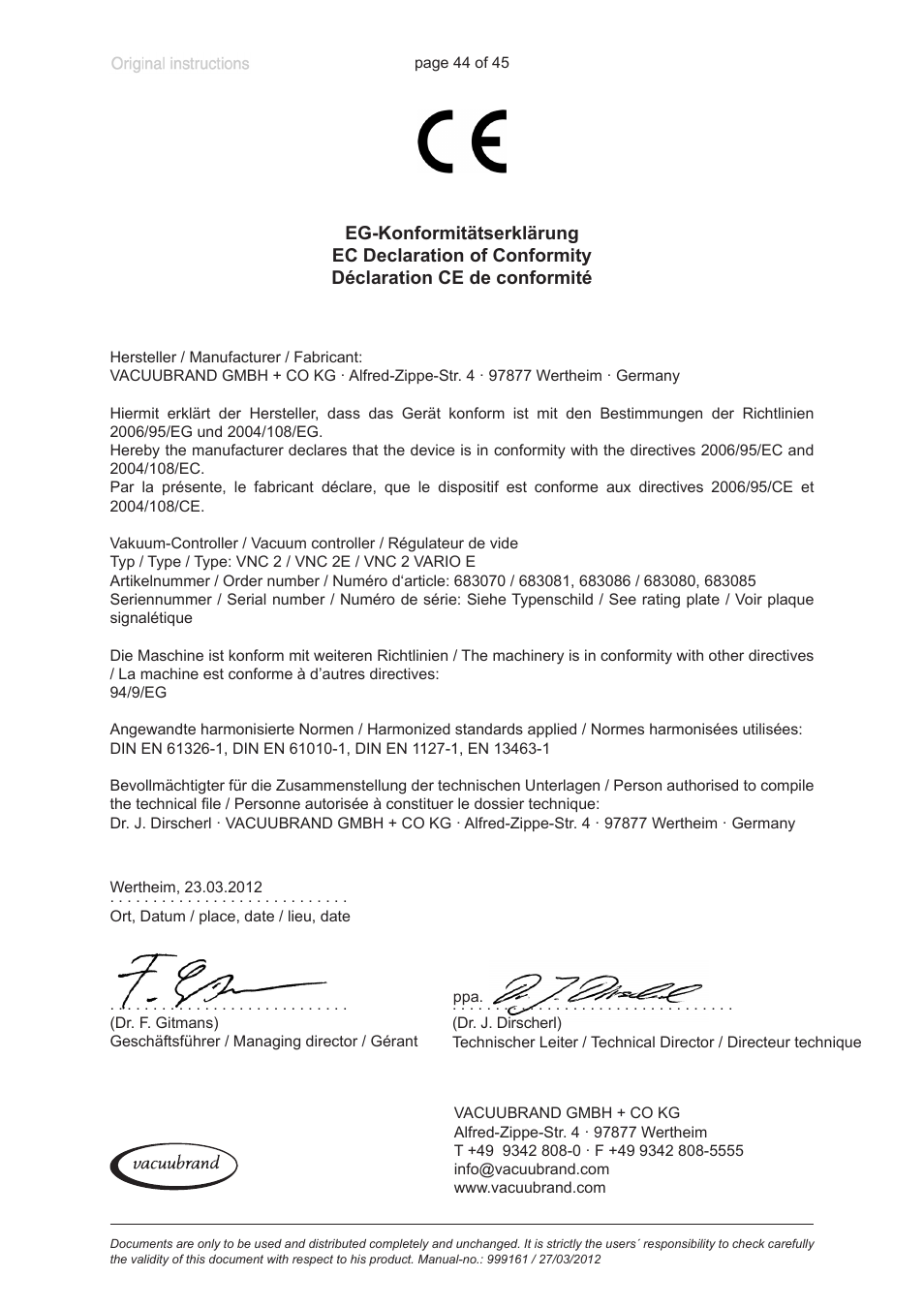 Ec declaration of conformity | VACUUBRAND VNC 2 User Manual | Page 44 / 45