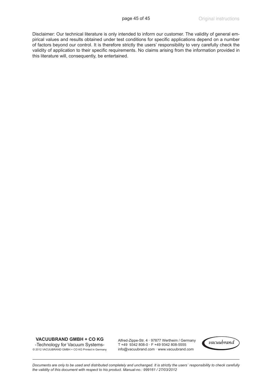 VACUUBRAND VNC 2 User Manual | Page 45 / 45