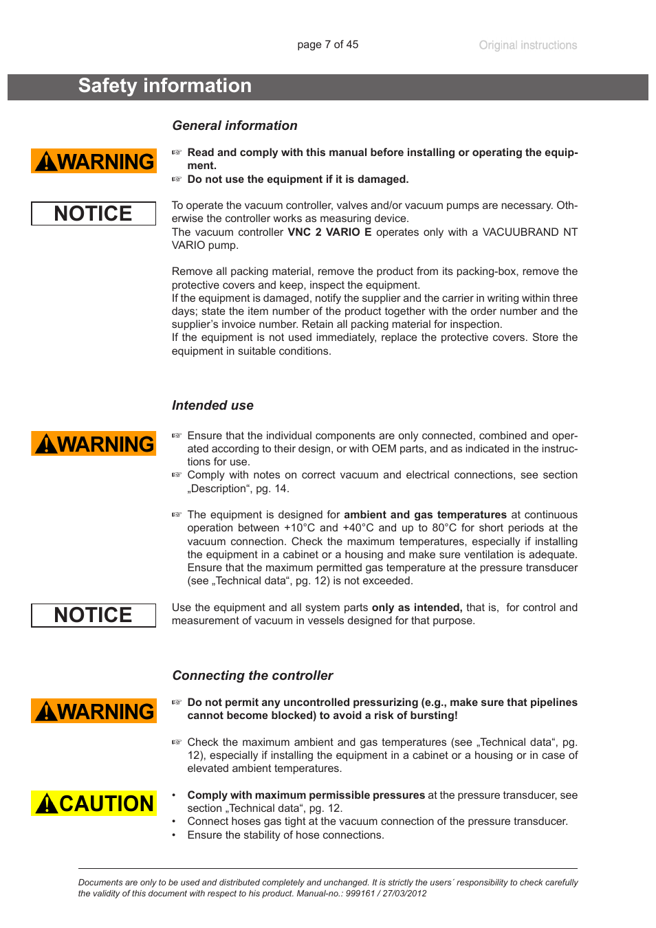 Safety information, General information, Intended use | Connecting the controller, Notice | VACUUBRAND VNC 2 User Manual | Page 7 / 45