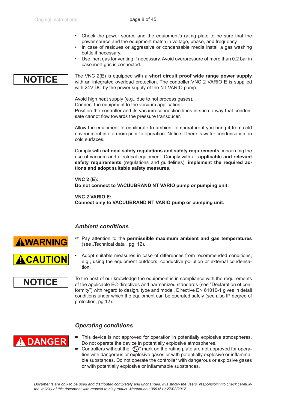 Ambient conditions, Operating conditions, Notice | VACUUBRAND VNC 2 User Manual | Page 8 / 45